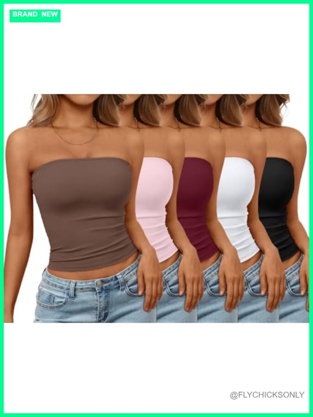 Womens 5 Pack Crop Tube Top Strapless Bandeau Y2K Summer